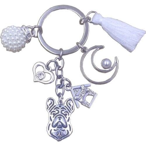 French Bulldog Dog Animal Cute Hot Keychain Key Ring Pet Tassels Retro Silver Plated Women Men Jewelry Gift K021+K206