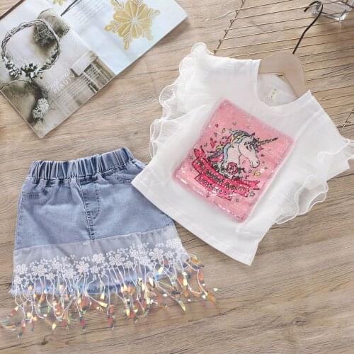 Unicorn Clothing Set For Girl Summer Fashion Sequin Decoration T-shirt + Lace Flower Jeans 2Pcs Kids Suit Children Clothing