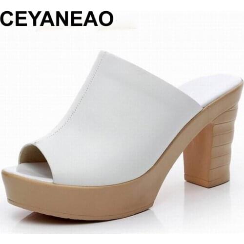 CEYANEAOSummer Thick Heels Shoes Peep Toe Womens Slippers Genuine Leather Shoes Wedges Platform WomensHigh Heel slippers E1519