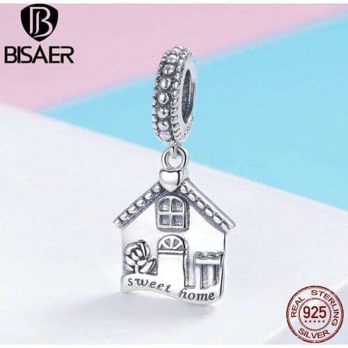 BISAER Hot Sale 925 Sterling Silver Sweet Home House Shape Charm Beads fit for Women Bracelets Silver 925 Jewelry Making ECC913