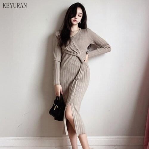 Fashion Womens Dress 2021 Spring Autumn New V-Neck Sexy Wrap Arm Slim Slimming Split End Knitted Dress