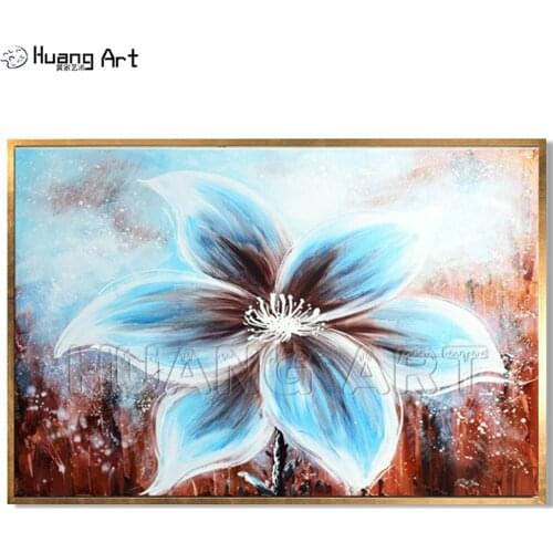New Style 100% Hand-painted Modern Big Flower Oil Painting on Canvas for Bed Room Decor Handmade Blue Flower Hang Painting