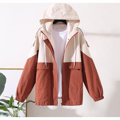Autumn Women Trench Coat New Korean Colorblock bf Student Hooded Tooling Windbreaker Girls Baseball Uniform Outerwear Tops AH56