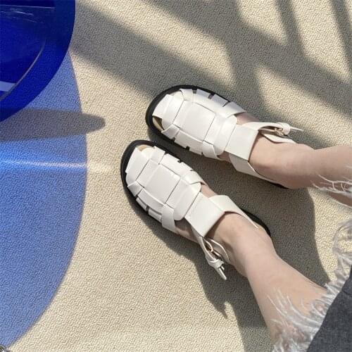 Kanseet Round Toe Hollow Out Beach Women Sandals Genuine Leather 2021 Summer Shoes Buckle Strap Casual Black White Flat Sandals