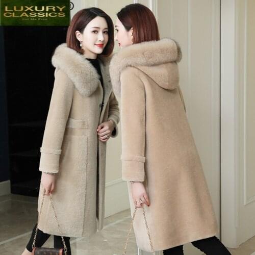 Coat Shearing Natural Sheep Women Clothes 2021 Korean Real Fur Coat Female Jacket Large Fox Fur Hooded Jackets Hiver 1901