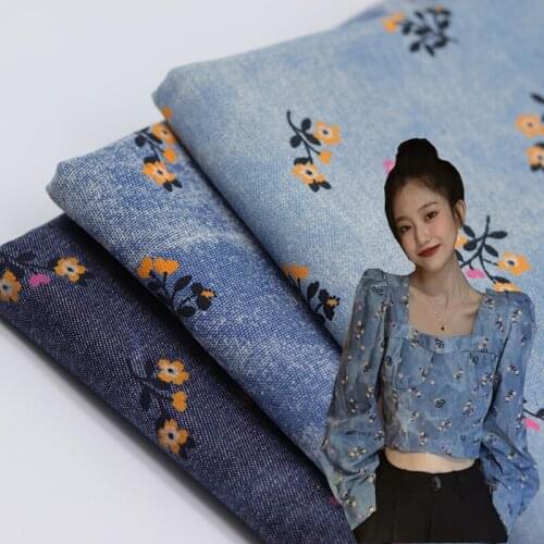 Soft Denim Fabric With Floral Printed DIY Sewing Dress Shirts Cotton Distressed Jeans Fabrics Eco Friendly 50X150CM Telas