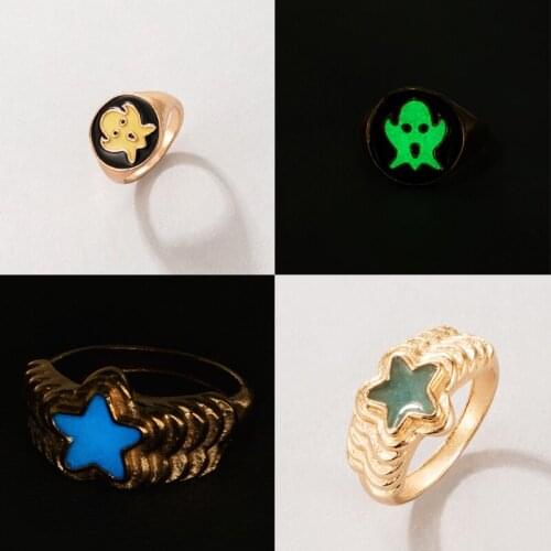 Tocona New Fashion Ghost Star Gold Single Ring for Women Men Charms Alloy Metal Luminous Halloween Jewelry Accessories Anillo