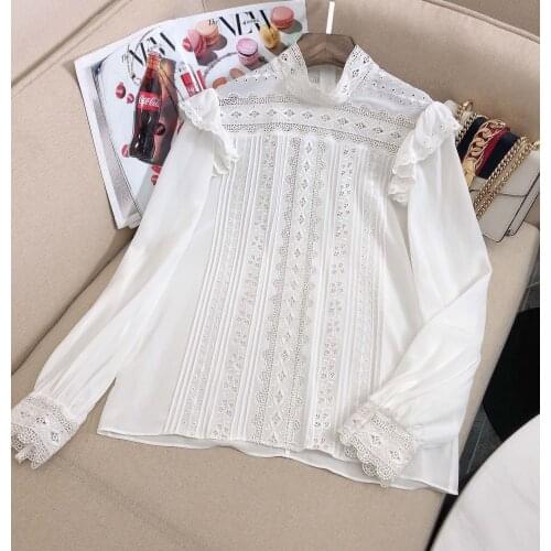 Fashion 2021 New Ladies Long Sleeve Sexy Casual Embroidery Hollow Lace Silk Shirt 1201