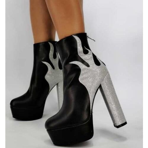 Customized Big Size 43 Beautiful Black Silver Contrast Color Fire Print Platform High Chunky Heel Women Winter Ankle Boots Cheap