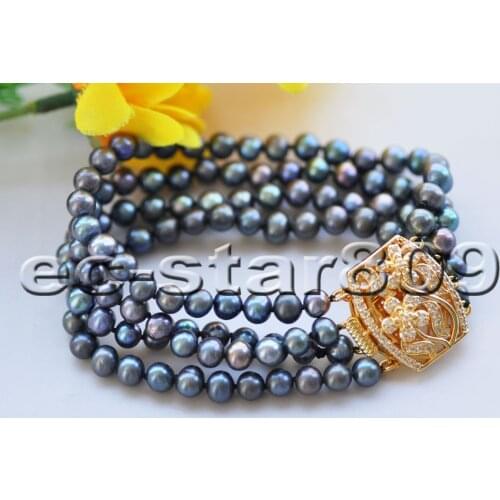 P7536 4Row 7mm Black Round Freshwater Pearl Bracelet CZ women
