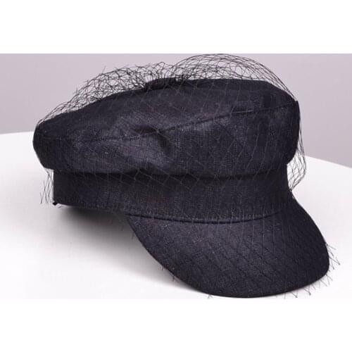 British Style Retro Denim Flat Beret Cap with Mesh Veil Women Girl Sun Protection Visor Button Painter Elegant Military Navy Hat