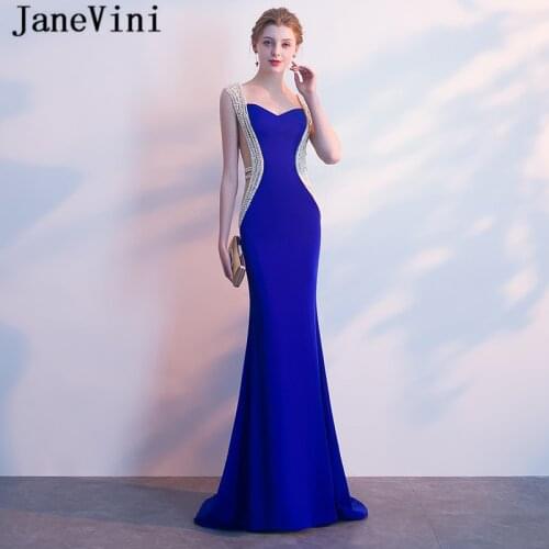 JaneVini Luxurious Pearls Crystal Mermaid Long Bridesmaid Dresses Sweetheart Satin Floor Length Royal Blue Prom Dress for Women