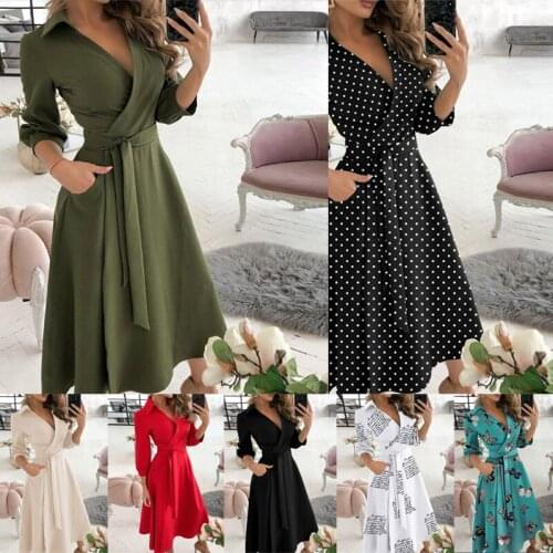 Summer Sleeveless Deep V-Neck Turn-Down Collar Belt Long Dress Slim Lace-Up Belt Print Women Polka Dot Letter Long Sleeve Vestid