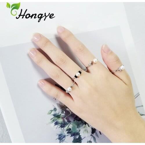 Hongye 4 Styles Pearl Rings Women Quality Zircon Finger Accessories Adjustable Silver 925 Ring Jewelry Gifts for Mom/Girlfriend