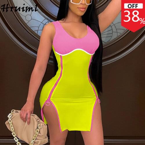 Dropshipping Dress Lady Sleeveless Color Matching Double Zippers Design Summer Sundresses Hem Split Mini Bodycon Dresses 2021