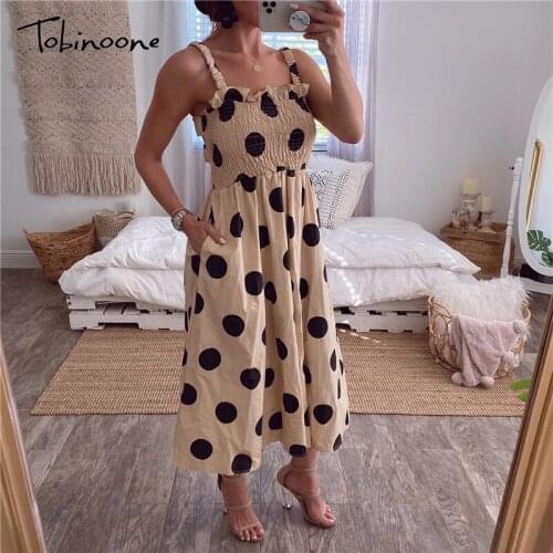 Tobinoone Black Dot Printing Midi Dress Spaghetti Strap Backless Sexy Dresses Ladies Elegant Square Collar Summer Sexy Dress