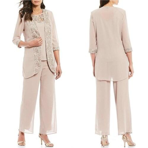 2020 Three Pieces Mother of the Bride Pant Suits Chiffon Lace Appliqued Wedding Guest Dress Plus Size Women Formal Outfit