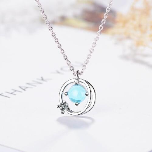Exquisite 925 Sterling Silver Sparkling Round Planet Blue Pendant Necklaces for Women chic CZ Crystal DIY Jewelry Gift Bijoux