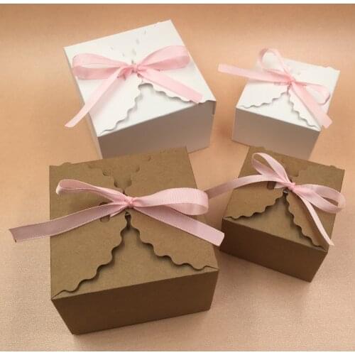 24Pcs/Lot Festival Lace Kraft Paperboard Gift Box With Pink Ribbon Storage Box For Wedding Birthday Favor Exquisite Gift Boxes