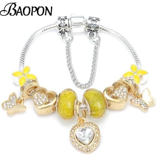 BAOPON Silver Plated Beads Charm Bracelets With Love Heart Butterfly Pendant Bracelets For Women Wife Pulsera Jewelry Gift