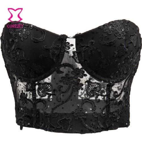 Burlesque Black Floral Embroidery and Sequins Sexy Brassiere Push Up Bra Bustier Lingerie Underwear Women Bras Bralette Crop Top