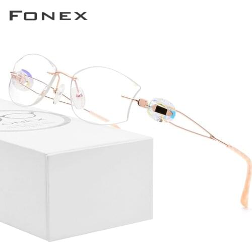 FONEX Wire Titanium Rimless Glasses Women Ultralight Luxury Diamond Trim Prescription Optical Eyeglasses Frame Eyewear 973