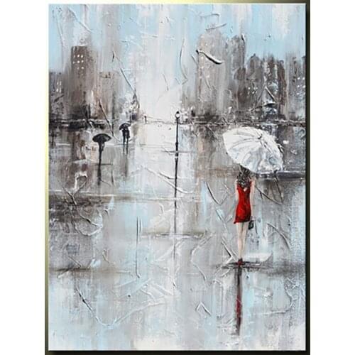 Handmade Fine Wall Artwork Art Abstract Painting Girl White Umbrella Red Dress Grey Blue City Rain Knife Oil Painting on Canvas