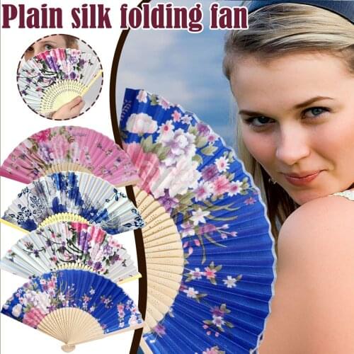 Hand Fold Fan Cartoon Bamboo Wood Silk Flower Japanese Chinese Style Artificial Pai Weddding Girl Man Dance Decorate Home #P2