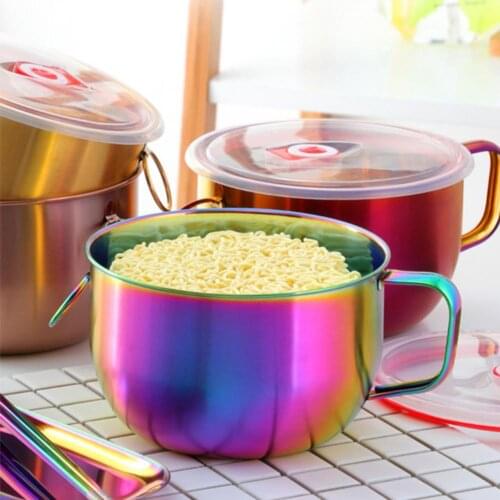 Instant Noodle Bowl Heat-resistant Non-Slip Large Capacity Anti-scalding Handle Bowl Food Container with Lid Stainless Steel