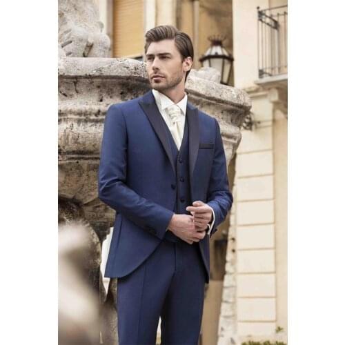 Fashionable One Button Blue Groom Tuxedos Groomsmen Peak Lapel Mens Suits Blazers (Jacket+Pants+Vest+Tie) W:976