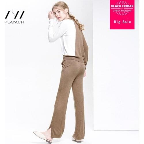 Fashion brand Autumn and winter wool knit hollow cut hit color sweater +split hollow cut knit pants two-piece sets wq65 dropship