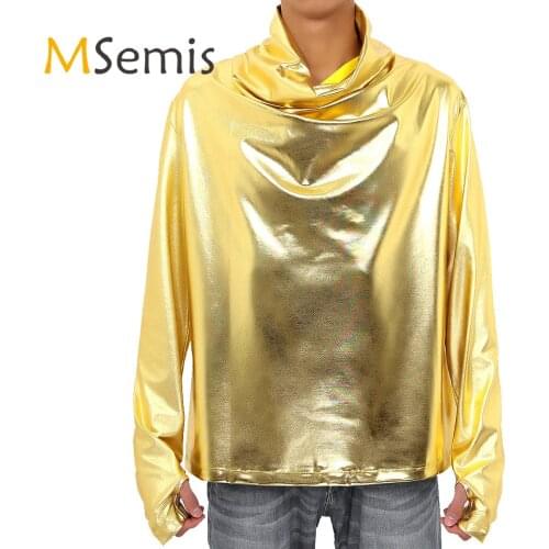 MSemis Mens Fashion Shirts Shiny Metallic Heap Collar Long Sleeve Casual Slim Pullover Nightclub Male Rave Pole Dance Coustume