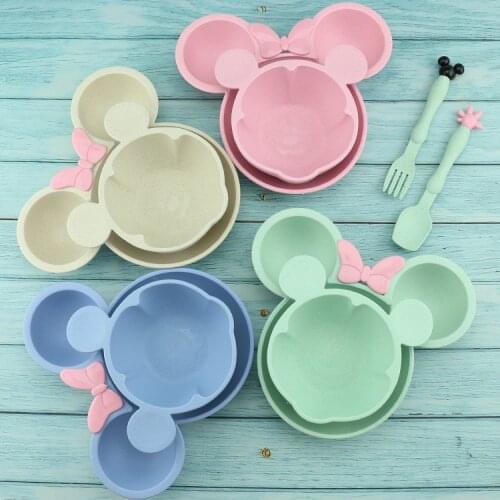 Imebaby wheat straw four-piece children tableware bowl spoon fork creative school childrens dinner plate tableware