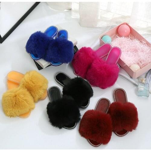 2021 New Four Seasons Hair Slippers Round-headed Lady Flat-bottomed Rabbit Hair Couples Home Office Women Comfortable Slippers