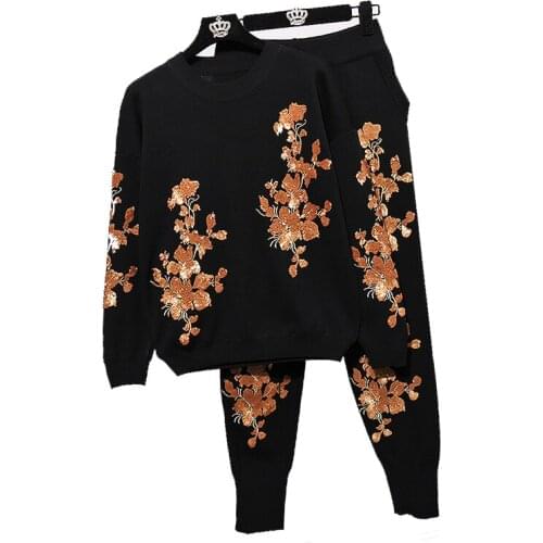 Autumn Winter Womens Gold leaf Pan Flower Embroidery Knitted Tracksuit Pullover Sweater + Casual Harem Pants Two Piece Set G528