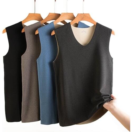 Winter Keep Warm Men Sleep Top Sleeveless V-Neck Clothes Loose Male Solid Sleepwear Nightwear Elasticity Thick Home Shirt 4XL