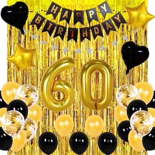 27pcs Black Gold Birthday Party Decoration Happy Birthday Banner and Helium Number Heart Star Confetti Balloons Fringe Curtain