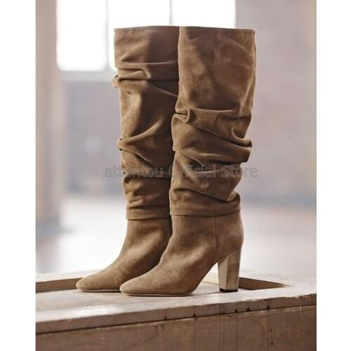 Suede Leather Chic Coffee Brown Boots Chunky Heeled Folded Knee High Thick High Heel Boots Women Pleated Tall Gladiator Boots