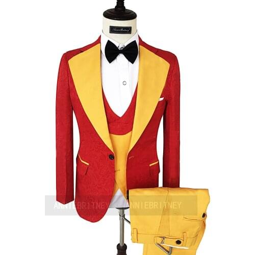 Jacquard Red Best Man Groom Wedding Suit Gold Vest Pants 3 Pieces Slim Fit Stylish Blazer Singers Performance Jacket Costume Set