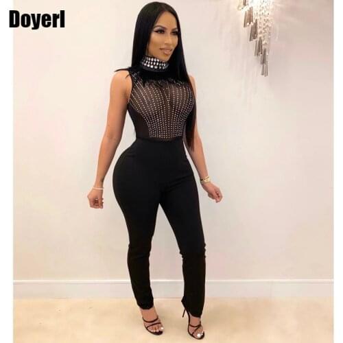 Bodycon Sexy Jumpsuits Women Feather Crystal Rhinestone Sheer Mesh Evening Jumpsuit Elegant Party Club Rompers Womens Jumpsuit
