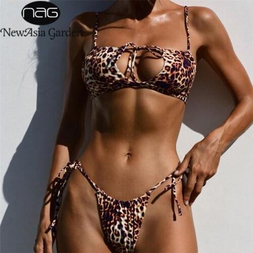 NewAsia Print Leopard Swimwear Women Hollow out Tie up Sexy Low Cut Drawstring Bikini Set Ladies Beach Party Chic Bathing Suit