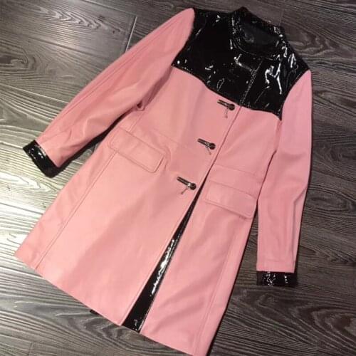 Genuine windbreak leather ladies coat long women lambskin real