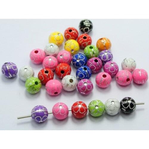 200 Mixed Colour Sparkling Silver Flower Pattern Acrylic Round Beads 8mm