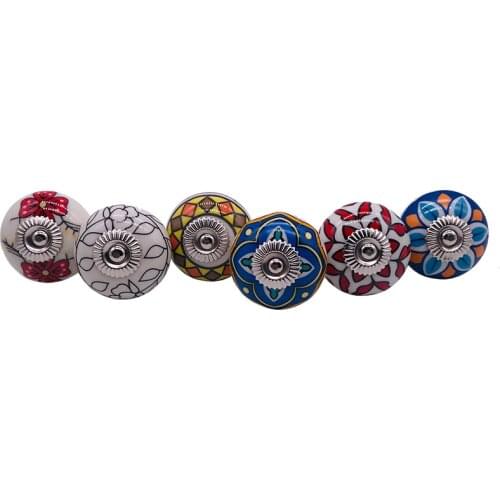 6pcs Vintage Color Multi Designed Hand Painted Ceramic Cupboard Cabinet Door Knobs Drawer Pulls & Chrome Hardware