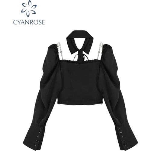 Black Vintage Sexy Crop Blouses Puff Long Sleeve French Flannel Bodycon Shirts Female E-Girl Aesthetic Y2K Party Club Pearl Tops