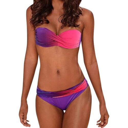 Women Bikini Swimsuit 2 Pieces Gradient Color Split Swimwear Gradient Color Sexy Tube Top Bikini Split Swimsuit Suit
