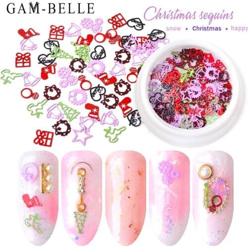 GAM-BELLE Colorful Christmas Glitter Nail Art Sequins Mixed Bells Gift Elk Star Pattern 3D Manicure Nails Art Flakes Decorations