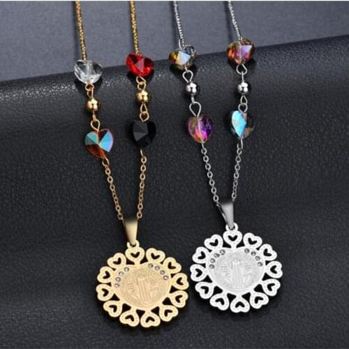 Jesus Hollow Religious Jewelry Clothing Accessories Colored Heart Shaped Beads Virgin Mary Pendant Necklace Sweater Chain