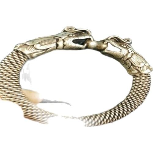 China Tibetan Silver Carved Double Headed Dragon Silver Bracelet