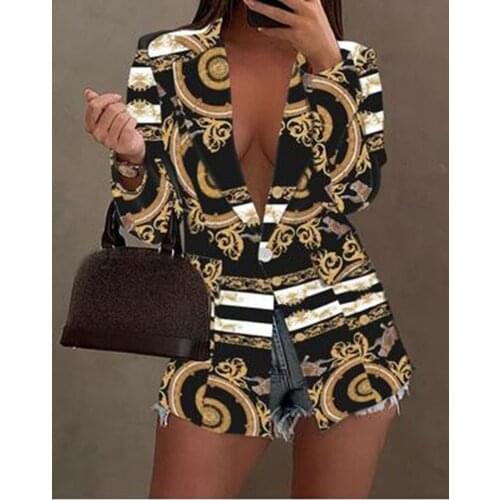 Suit Women Spring Autumn Thin Jackets Vintage Print full Sleeve Zipper Coat Casual Outerwear Short flower Womens wear fashion